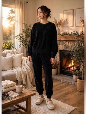 Lou & Grey Black Velour Lounge Set - Oversized Pullover & Joggers